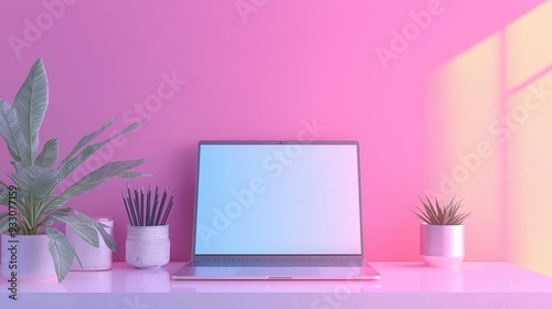 A clean, minimalist workspace featuring a laptop centered on a white desk, surrounded by green plants, set against a soft pink wall. Ideal for home office or design inspiration themes.