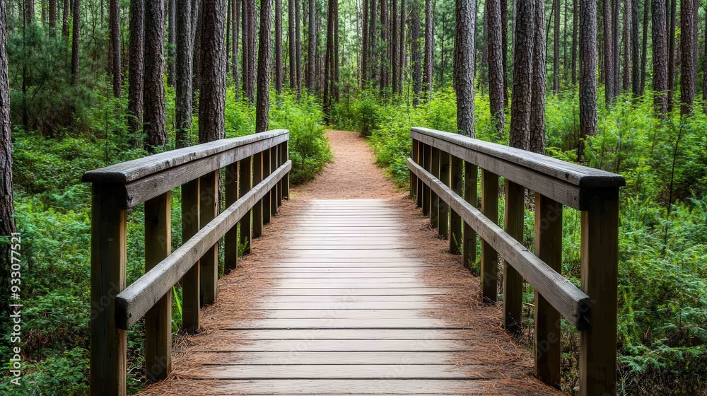 Obraz premium Enchanting pathway through a tranquil pine forest, meandering gently toward a rustic wooden bridge, a serene escape into nature's embrace.