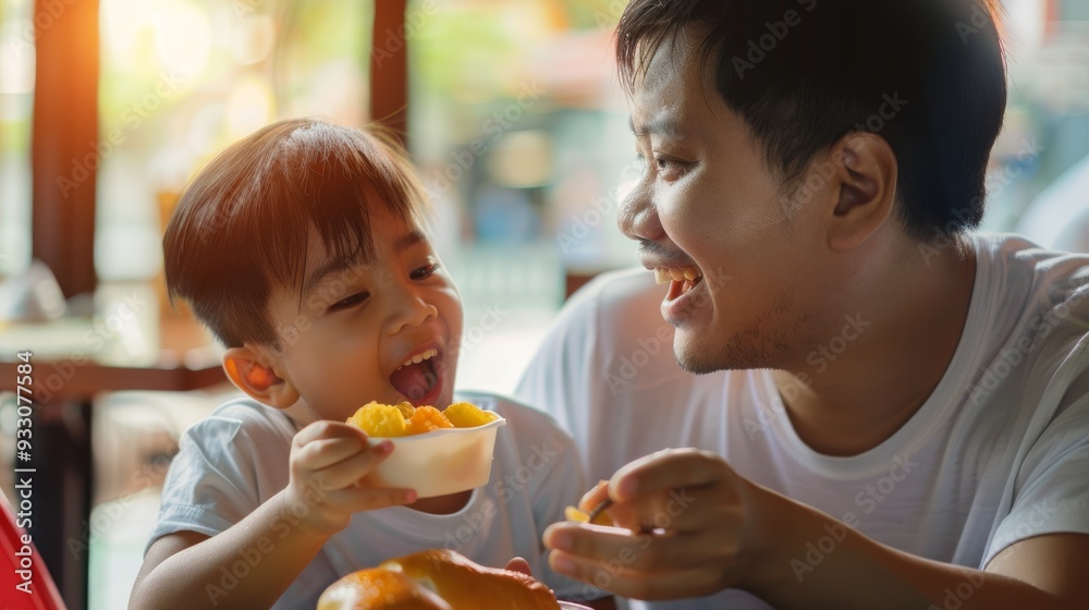 A father and son share a joyful moment at a meal, laughing together as they enjoy a bowl of food, highlighting the tender bond between parent and child. A father and son share a joyful moment at a meal, laughing together as they enjoy a bowl of food, highlighting the tender bond between parent and child.