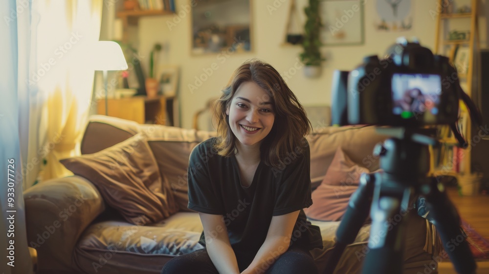 A cheerful woman sits on a cozy sofa, smiling at the camera in a warmly lit room, capturing an authentic moment of joy and contentment. A cheerful woman sits on a cozy sofa, smiling at the camera in a warmly lit room, capturing an authentic moment of joy and contentment.