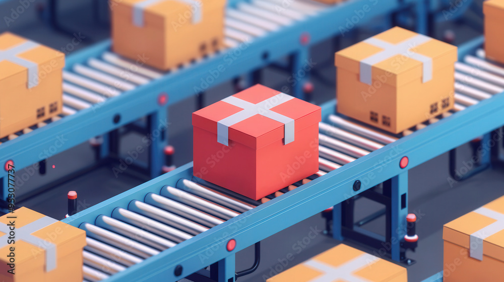 Fulfillment Hub Dynamics, a vibrant flat design illustration showcasing a bustling fulfillment center with packed goods efficiently moving along a conveyor system