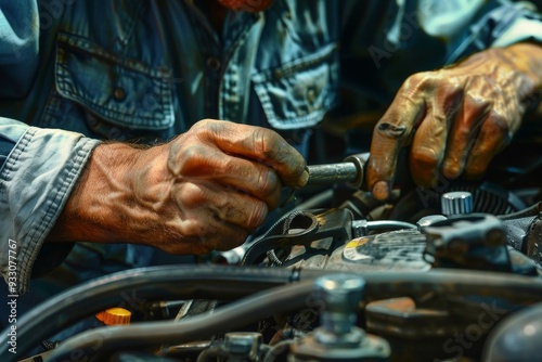 Boutique garage mechanic repairs car engine with wrenches in commercial automotive campaign