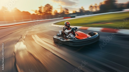 Another go-kart racer takes a sharp turn on the track at sunset, highlighting the thrill and focus needed in the adrenaline-pumping sport.