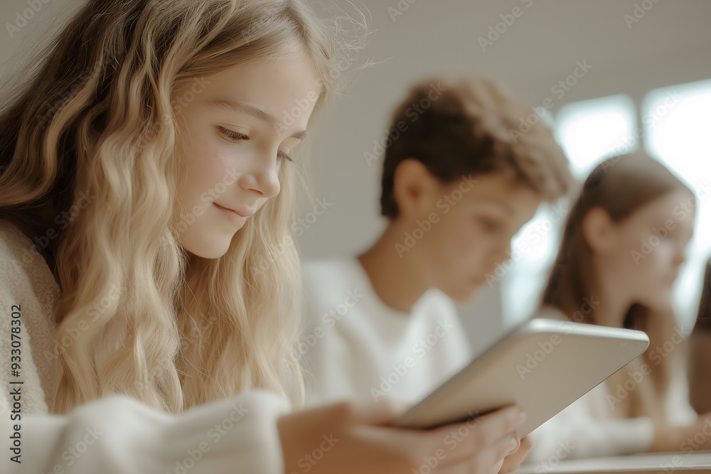 Ultra-Photo Realistic Image of Happy High School Teens Engaged with Tablet: American Students in a Learning Environment Ultra-Photo Realistic Image of Happy High School Teens Engaged with Tablet: American Students in a Learning Environment