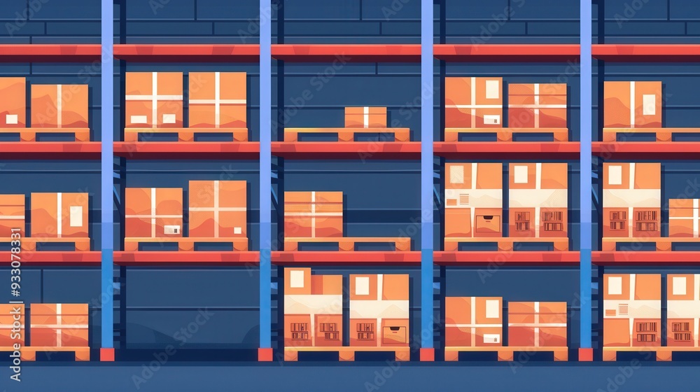 Warehouse Logistics, vibrant flat design illustration depicting a bustling distribution area with packed goods, organized shelves, and efficient movement of products. Warehouse Logistics, vibrant flat design illustration depicting a bustling distribution area with packed goods, organized shelves, and efficient movement of products.