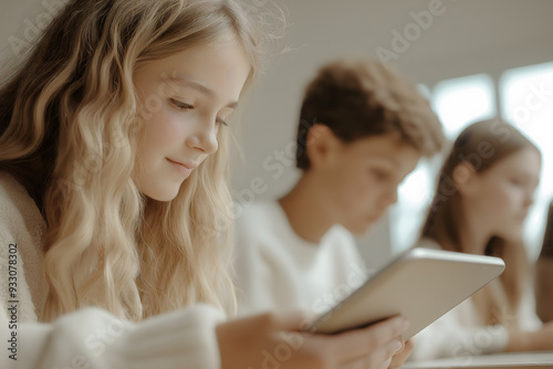 Ultra-Photo Realistic Image of Happy High School Teens Engaged with Tablet: American Students in a Learning Environment