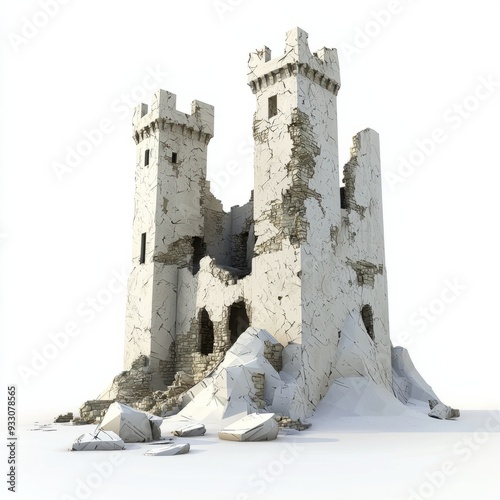 3D Render of a ruined castle with broken walls and collapsed towers, on isolated white background