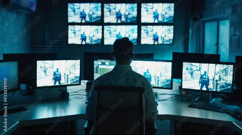 An individual is viewed from behind, intently monitoring a row of security screens in a dimly lit control room, suggesting vigilance and surveillance. An individual is viewed from behind, intently monitoring a row of security screens in a dimly lit control room, suggesting vigilance and surveillance.