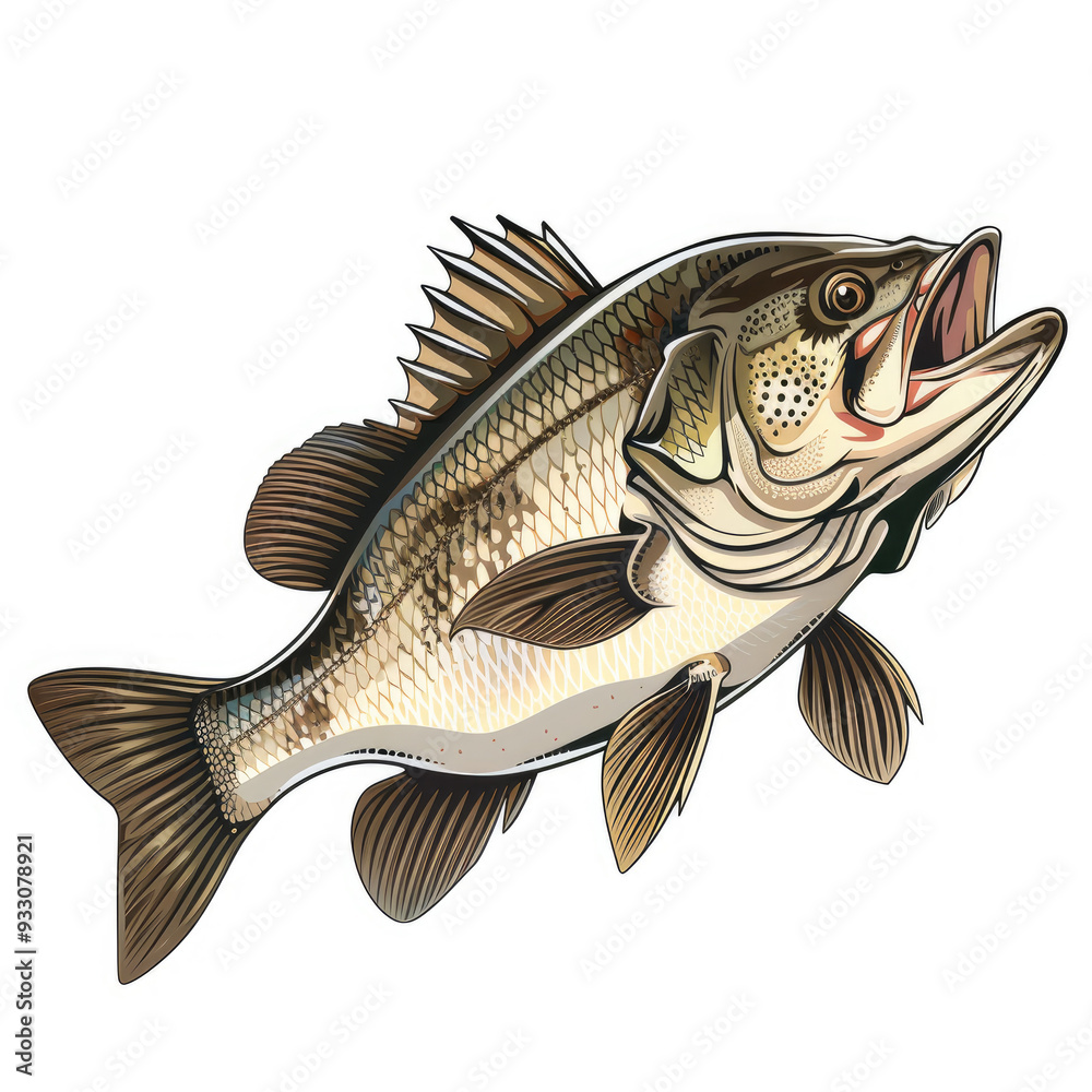 Fototapeta premium Big bass fish vector cartoon isolated White Background 