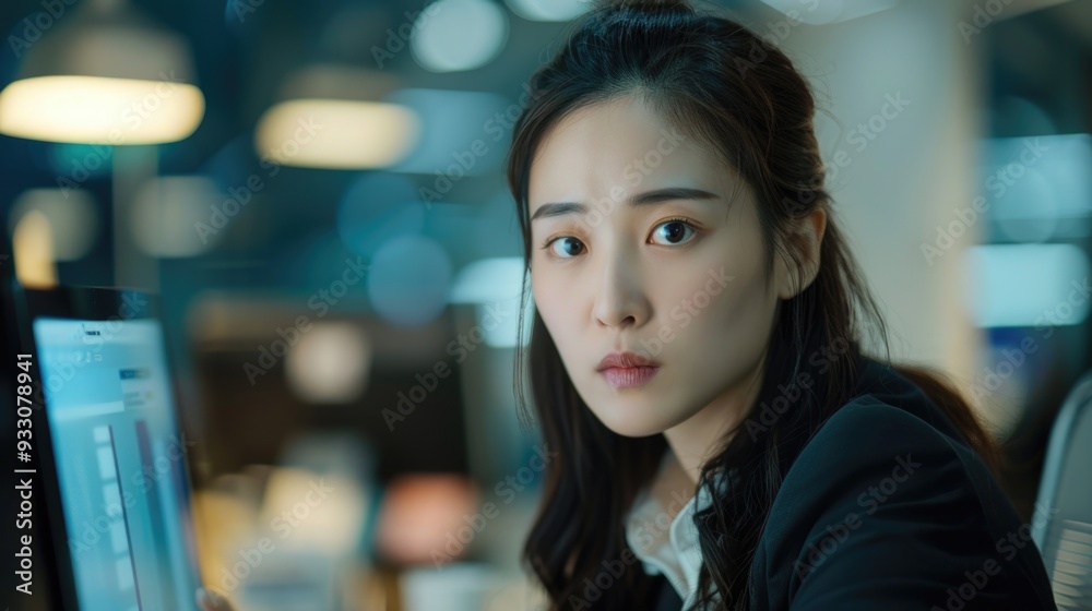 A woman sits in front of a computer monitor with a thoughtful expression A woman sits in front of a computer monitor with a thoughtful expression