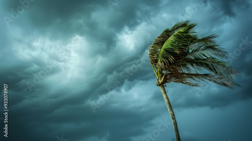 A lonely palm tree bends against a dramatic sky filled with dark, swirling storm clouds, capturing nature's raw power.