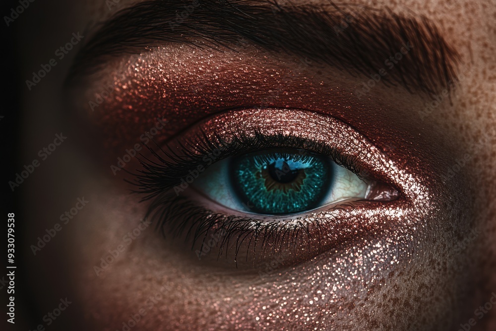 Close-up of sparkling blue eye with glitter makeup Close-up of sparkling blue eye with glitter makeup