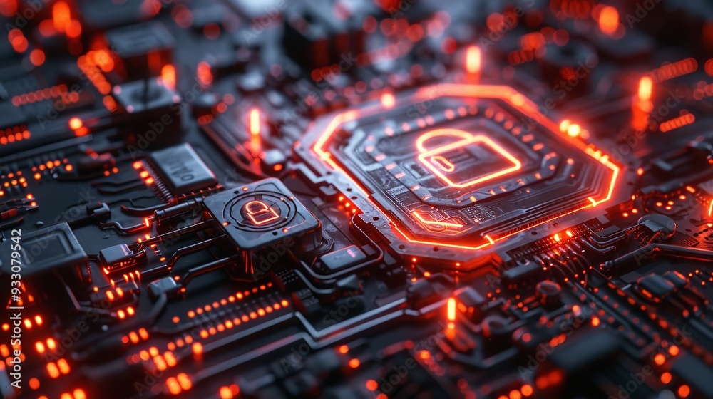 Digital Security Concept with Glowing Padlock and Circuit Board Digital Security Concept with Glowing Padlock and Circuit Board