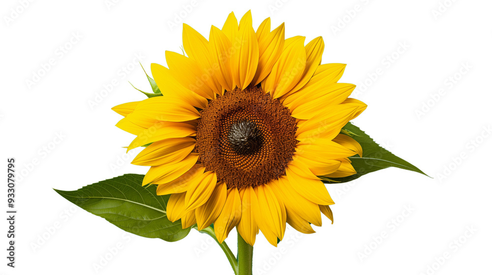 A bright sunflower with large, yellow petals set against a solid png background.