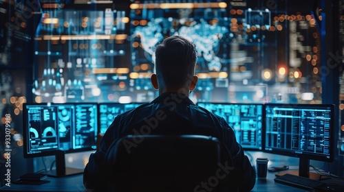 A man in high-tech control room sitting alone and looking at the screens, cybersecurity threat