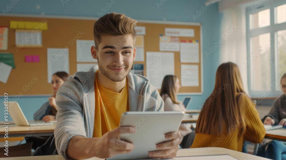 Obraz premium A young student with a tablet in a classroom setting, focused on his work, with classmates in the background engaging in their activities.
