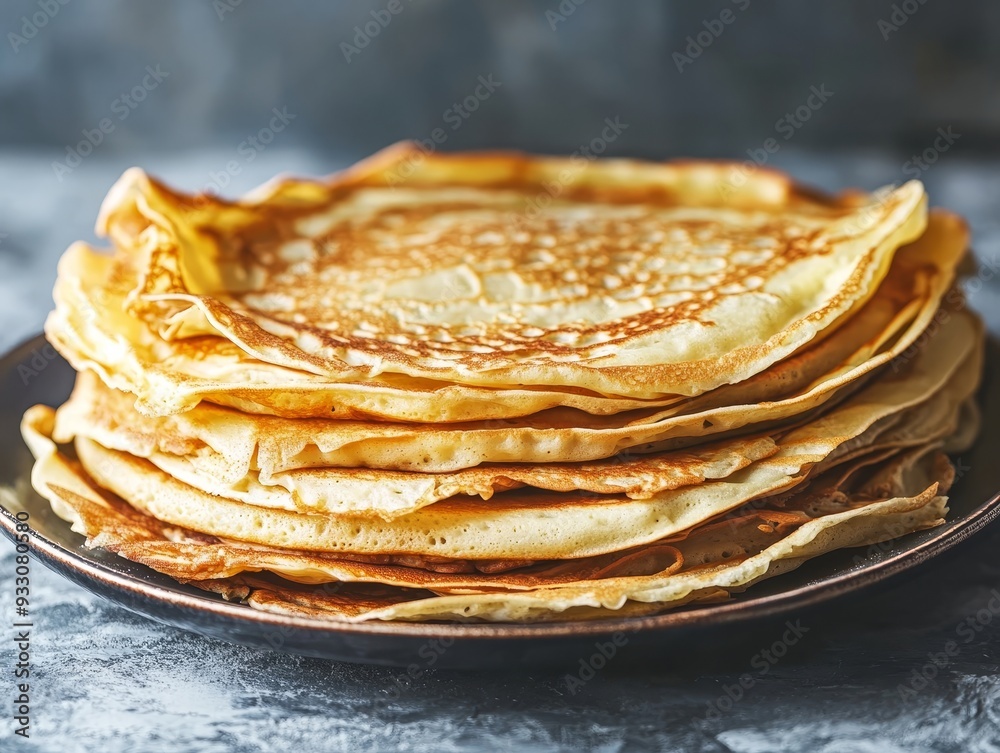 Chandeleur celebration french pancakes stack on plate, web banner with copy space Chandeleur celebration french pancakes stack on plate, web banner with copy space
