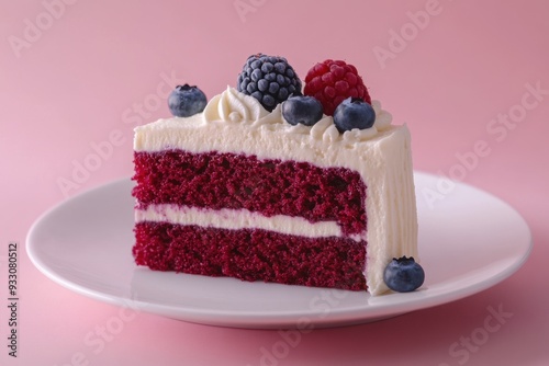 Delectable red velvet cake slice topped with fresh berries on plate