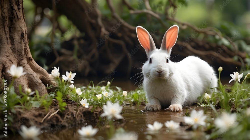 Fototapeta premium white rabbit in the grass