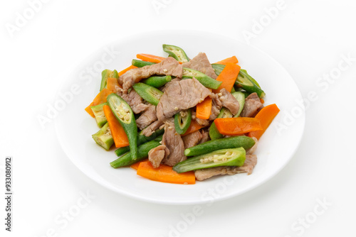 Obraz na płótnie 豚肉とオクラと人参の炒め物 w salonie