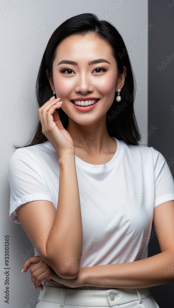 A smiling woman posing elegantly against a grey background A smiling woman posing elegantly against a grey background