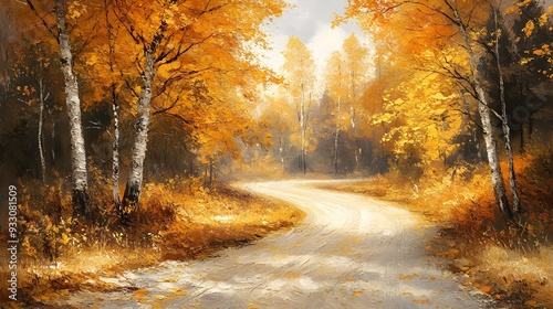 Tranquil road, autumn leaves, golden hues, oil painting style, hand-brushed strokes, peaceful countryside