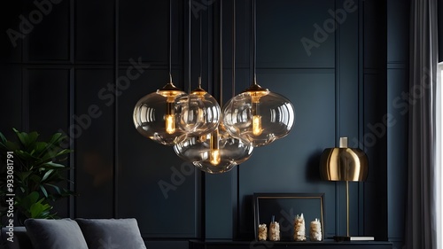 A stunning display of hanging lights in a sleek and modern living area, captured in a close-up shot. Perfect for a banner wallpaper for any store selling elegant lamps, chandeliers, and other lighting