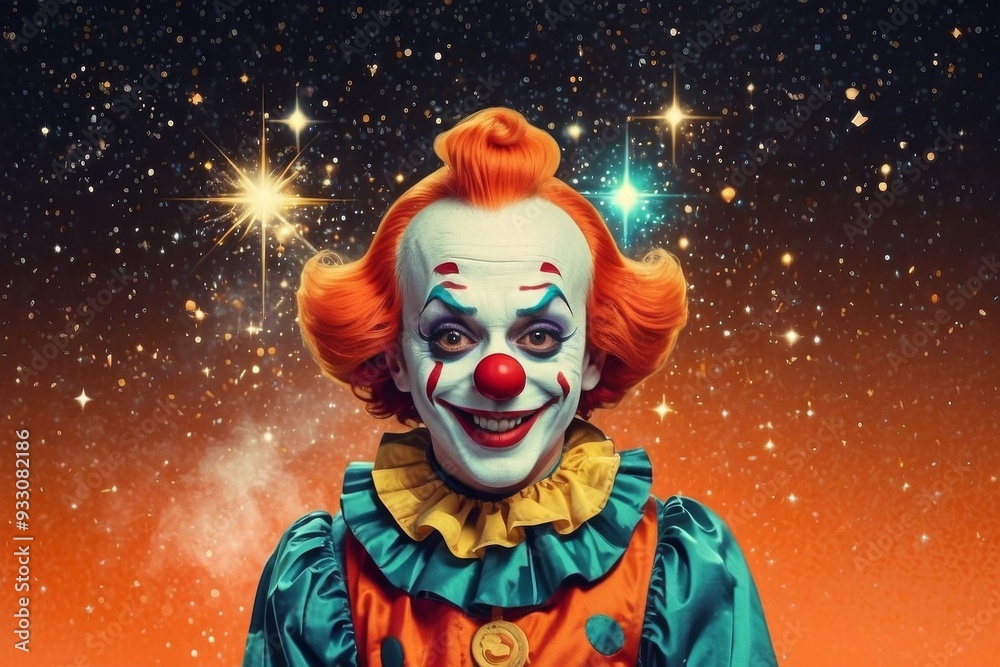A colorful clown with a vibrant costume and exaggerated makeup smiles against a sparkly orange backdrop A colorful clown with a vibrant costume and exaggerated makeup smiles against a sparkly orange backdrop