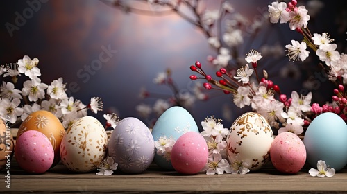 Boho Easter background. Soft natural pastel easter eggs and cherry blossom flowers 