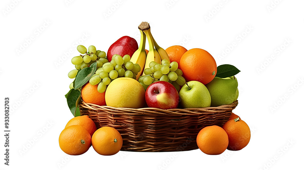 Fresh fruit basket with bananas, apples, oranges, and grapes, showcasing vibrant colors and healthy variety. Perfect for nutritious snack or decoration