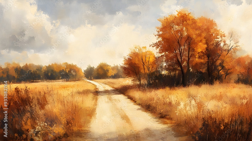 Fototapeta premium Peaceful rural road, autumn colors, golden leaves, oil painting brushstrokes, warm and inviting