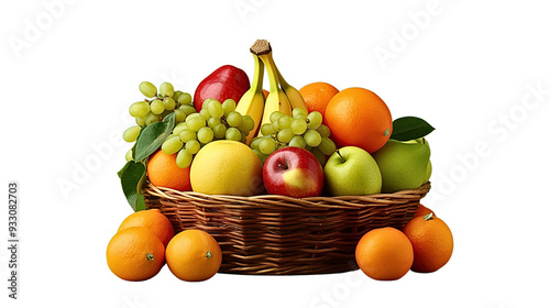 Obraz na płótnie Fresh fruit basket with bananas, apples, oranges, and grapes, showcasing vibrant colors and healthy variety. Perfect for nutritious snack or decoration w salonie
