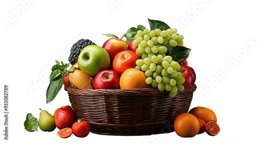 Fresh fruits in woven basket, including apples, grapes, oranges, and berries, create vibrant and healthy display. Perfect for nutritious lifestyle
