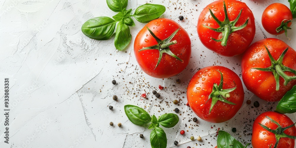 Fresh tomatoes with basil leaves on a white textured surface, perfect ingredients for a healthy meal. Free copy space for text. Fresh tomatoes with basil leaves on a white textured surface, perfect ingredients for a healthy meal. Free copy space for text.