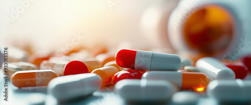 Health concept displayed with pills and vitamins on a white backdrop