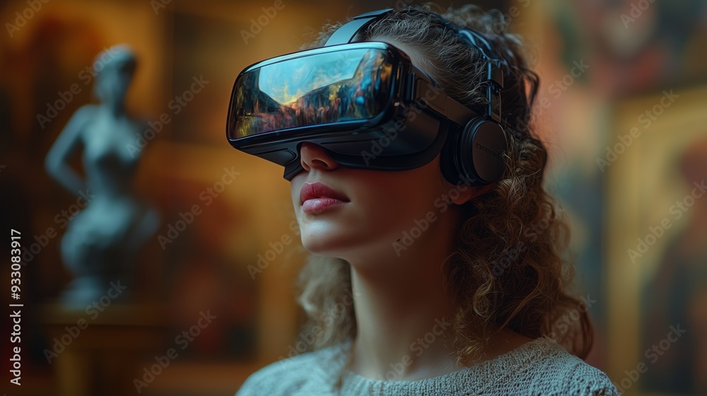 A person immersed in a virtual reality experience, interacting with artwork in an art gallery filled with vibrant displays. A person immersed in a virtual reality experience, interacting with artwork in an art gallery filled with vibrant displays.