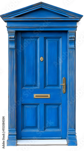 Classic wooden navy blue framed door isolated on white background