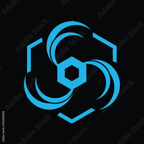 This is a simple flat logo of three cooling fans on a hexagon shape in blue color on a black background for HVACs air ventilation heating logo

