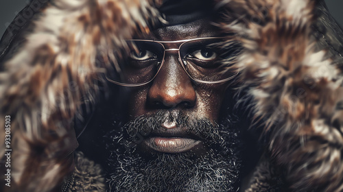 This is a close-up of a man's face with a beard, wearing glasses and a fur-lined hood.