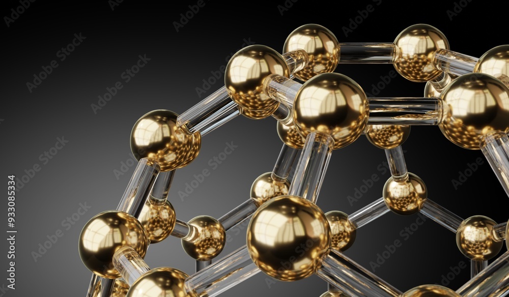 Geometrical structure with golden spheres - 3D illustration Geometrical structure with golden spheres - 3D illustration