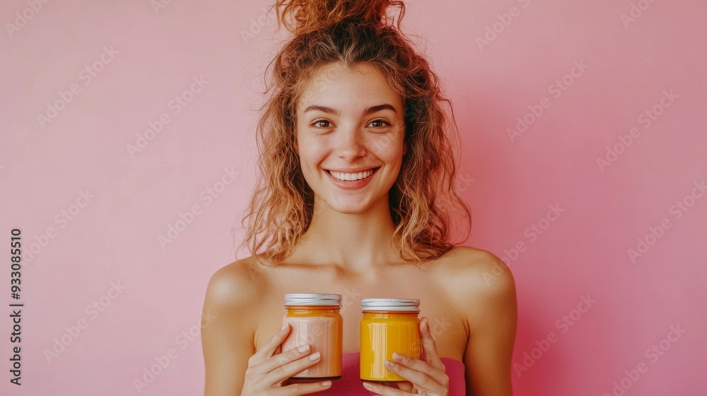 happy woman holding two jars of vitamins happy woman holding two jars of vitamins