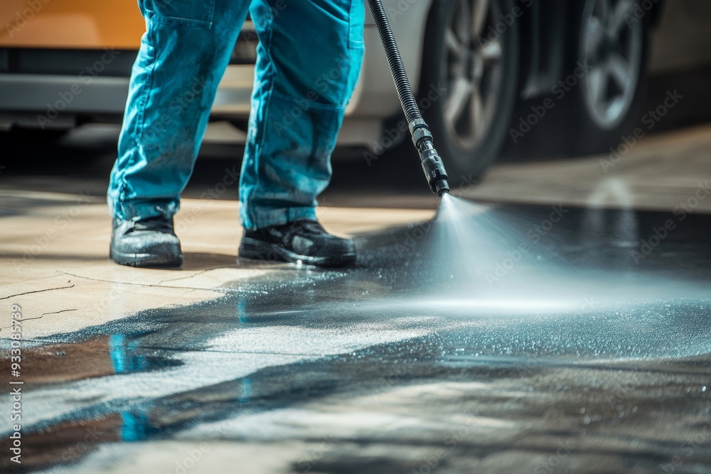 Obraz premium Professional high pressure washer cleaning of driveway with gasoline deep cleaning services
