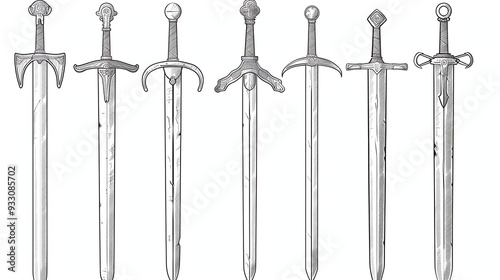 Seven different types of swords, all drawn in black and white.