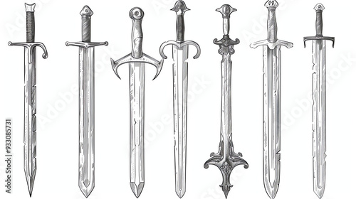  Six different swords, each with a distinct shape and design.