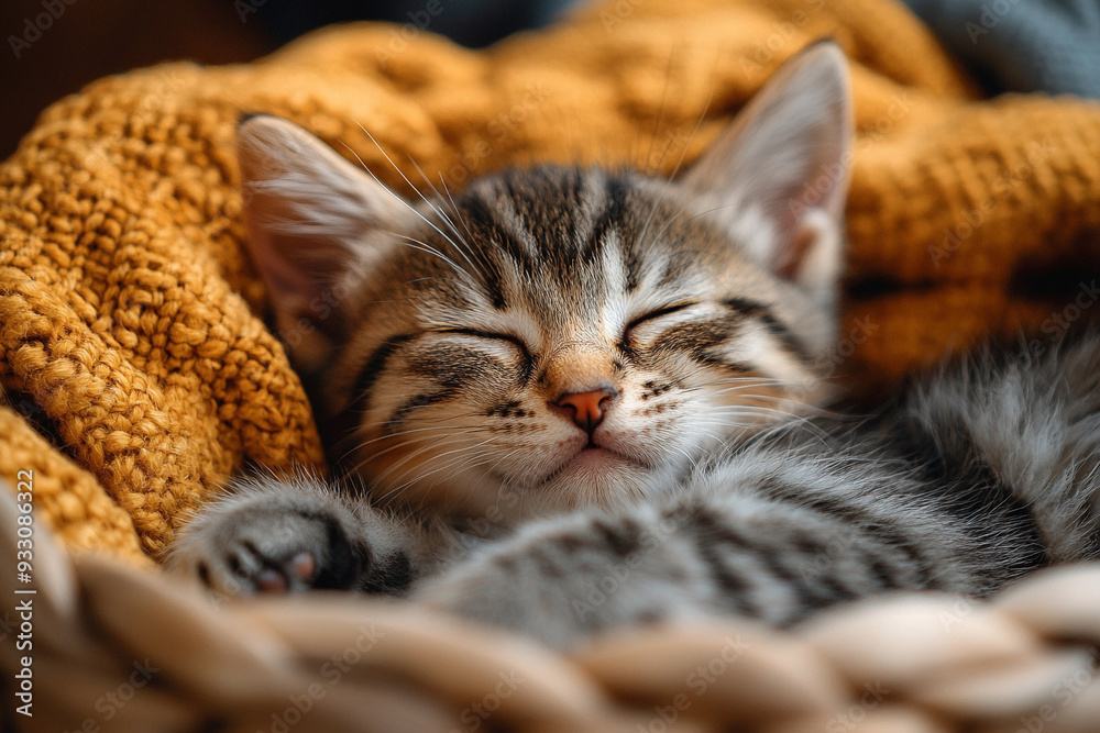 A small fluffy kitten sleeping soundly in a cozy A small fluffy kitten sleeping soundly in a cozy