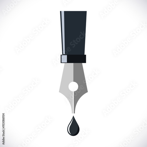 Fountain pen squirting black ink drop. Vector illustration for writer, poet or journalist.