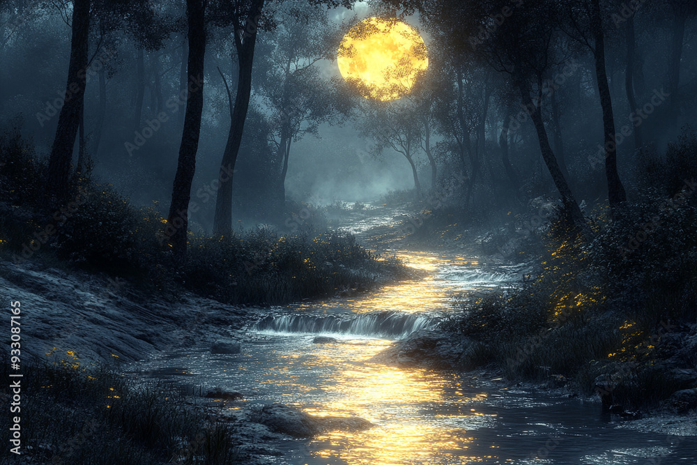 Naklejka premium A small stream flowing through a forest its water glow