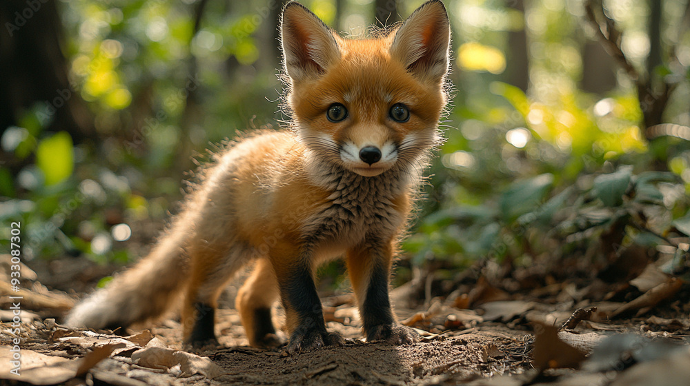 Fototapeta premium A small playful fox cub exploring a forest clearing