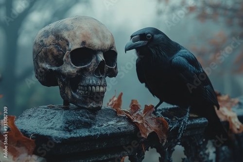 A black crow is perched on a fence next to a skull
