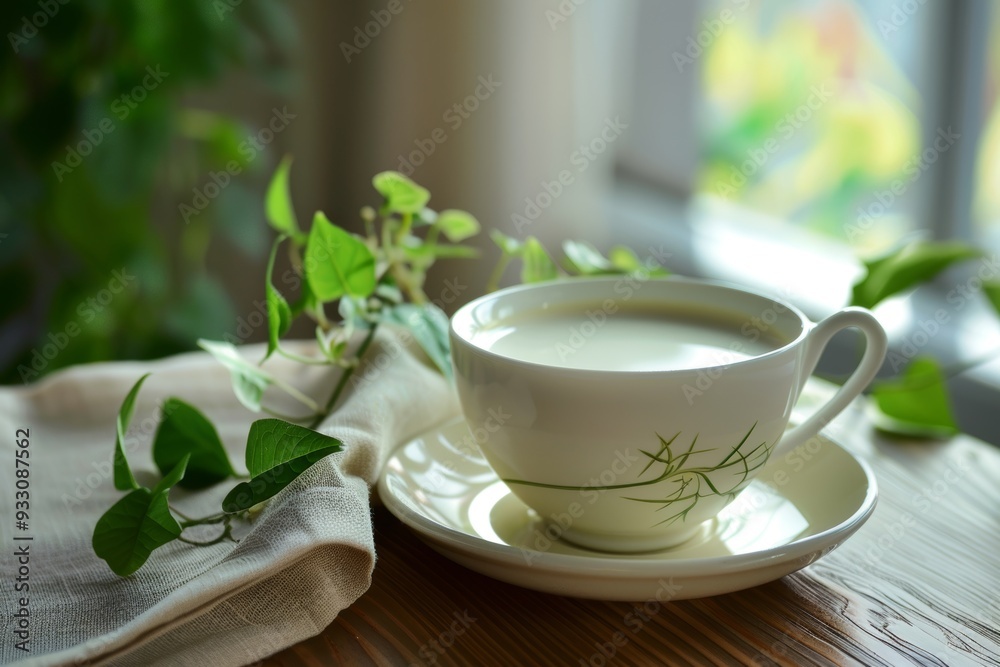 Inviting green tea latte on chic wooden table, ideal for a cozy and relaxing drink experience Inviting green tea latte on chic wooden table, ideal for a cozy and relaxing drink experience